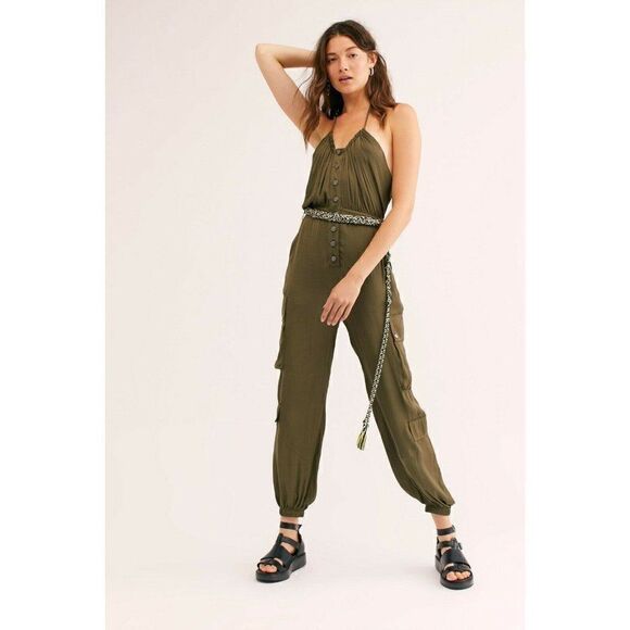 NEW FREE PEOPLE Sz XS OLIVIERA UTILITY HALTER CARGO JUMPSUIT JUMPER ARMY GREEN - Picture 4 of 5